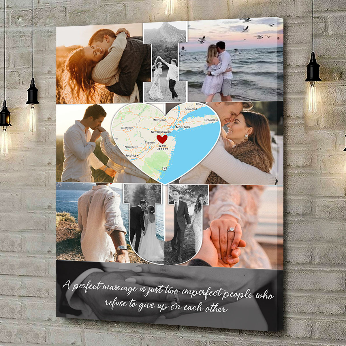I Love You - Custom Map Photo Collage Wall Art Canvas Poster Personalized Couple Anniversary Wedding Gift