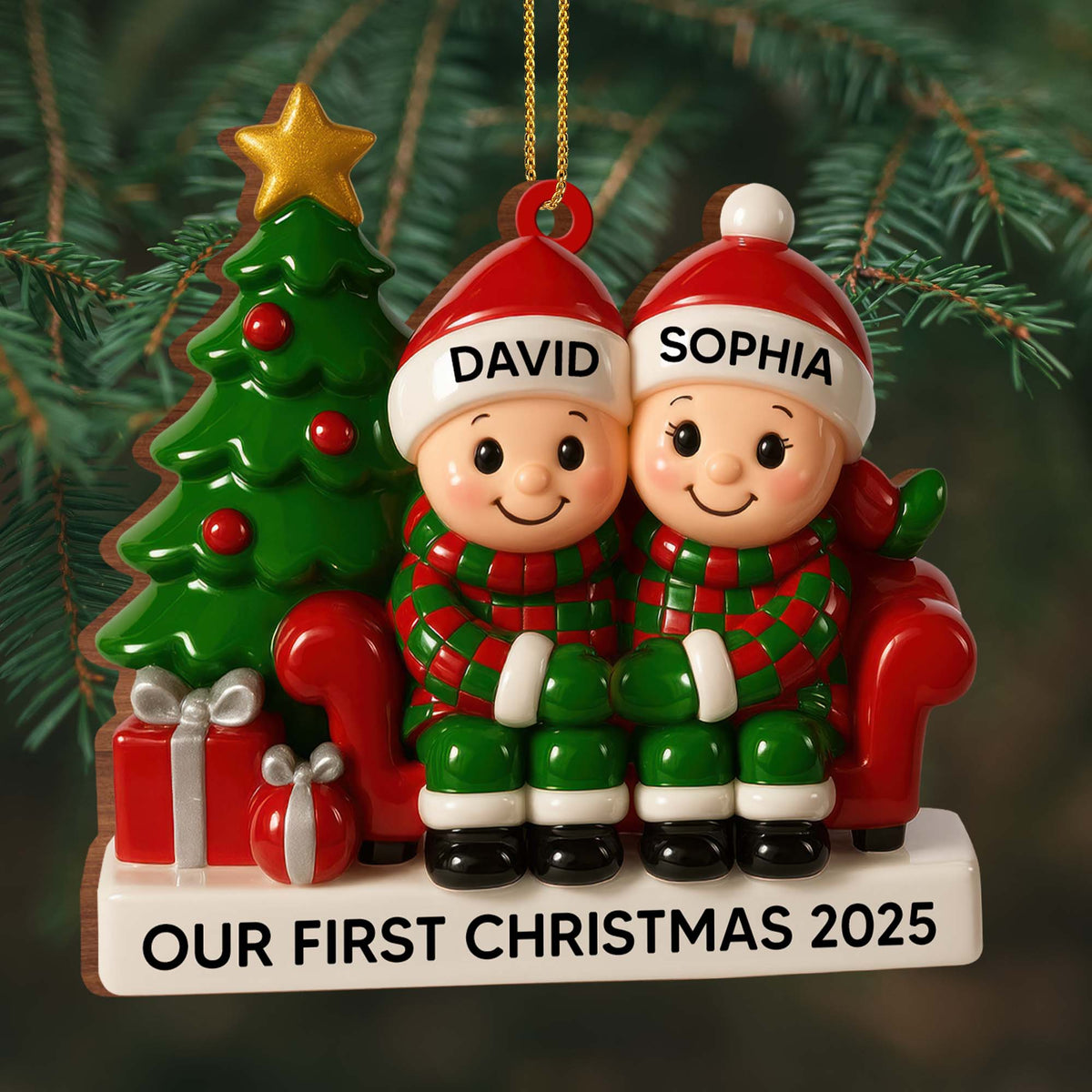 Couple Our First Christmas With Christmas Tree and Gifts, Personalized Wood Ornament