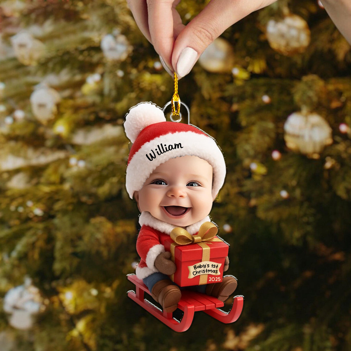 Baby Festive Cheer on a Sled Personalized Acrylic Christmas Ornament, 2025 Keepsake for Newborn