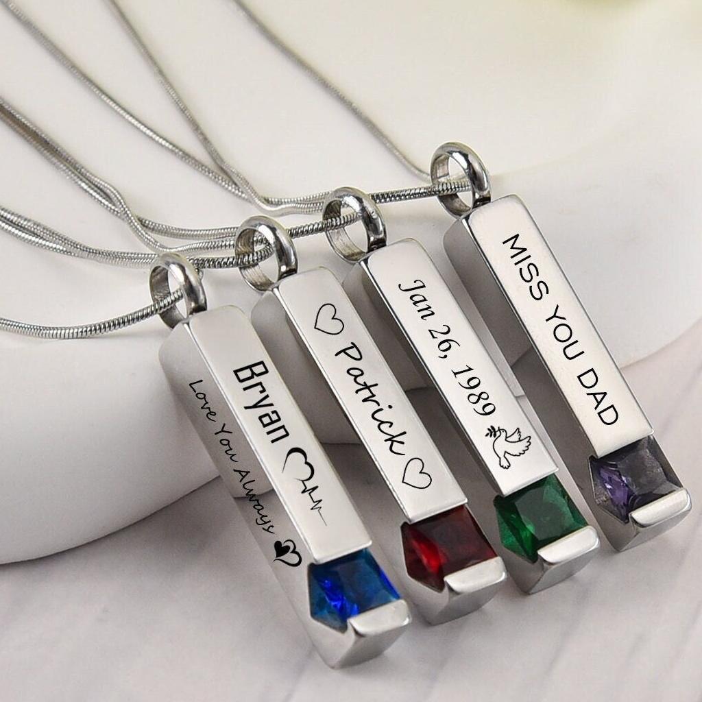 Personalized Birthstone Memorial Urn Necklace Two Sides Text