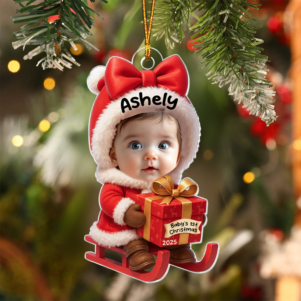 Baby Festive Cheer on a Sled Personalized Acrylic Christmas Ornament, 2025 Keepsake for Newborn
