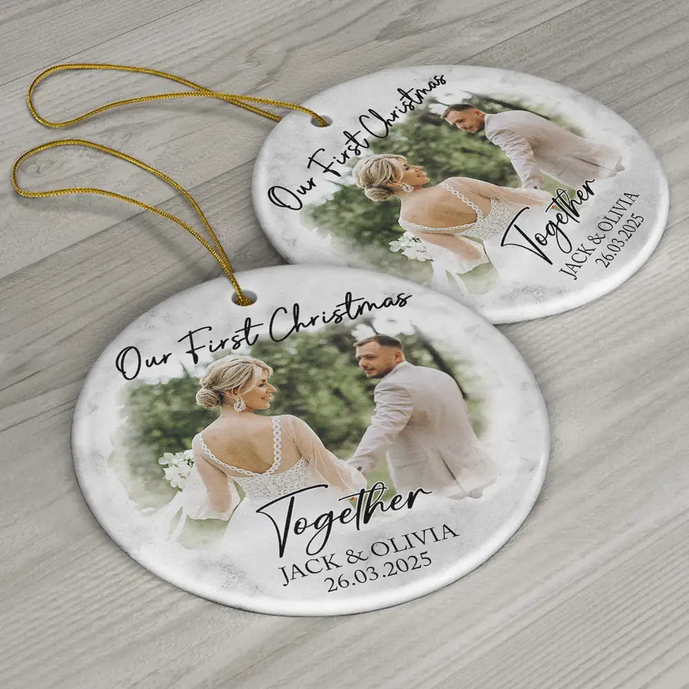 Custom Photo First Christmas Couples - Personalized Circle Ceramic Ornament