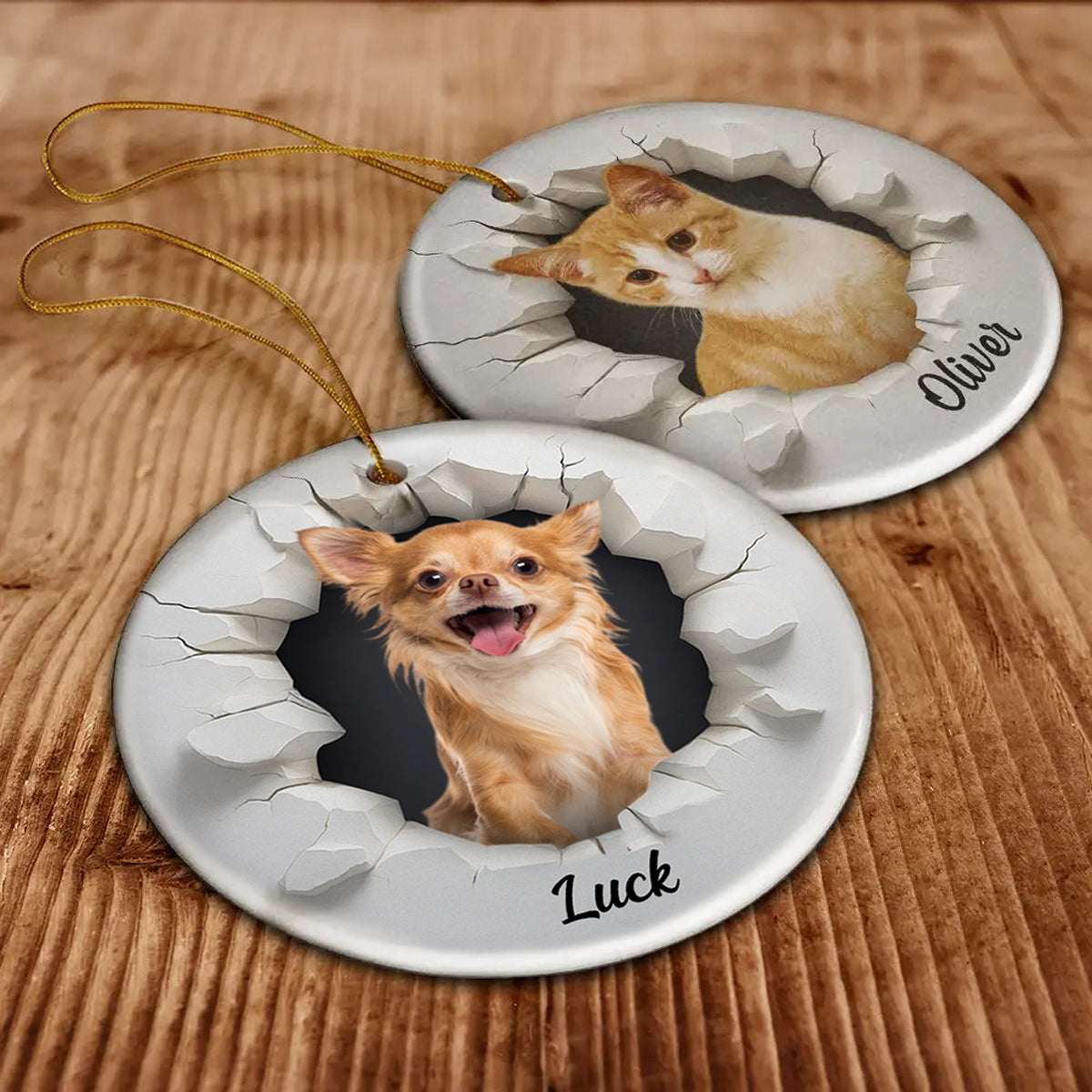 Custom Photo Snow Hole Funny Dog Cat Pet - Personalized Circle Ceramic Ornament