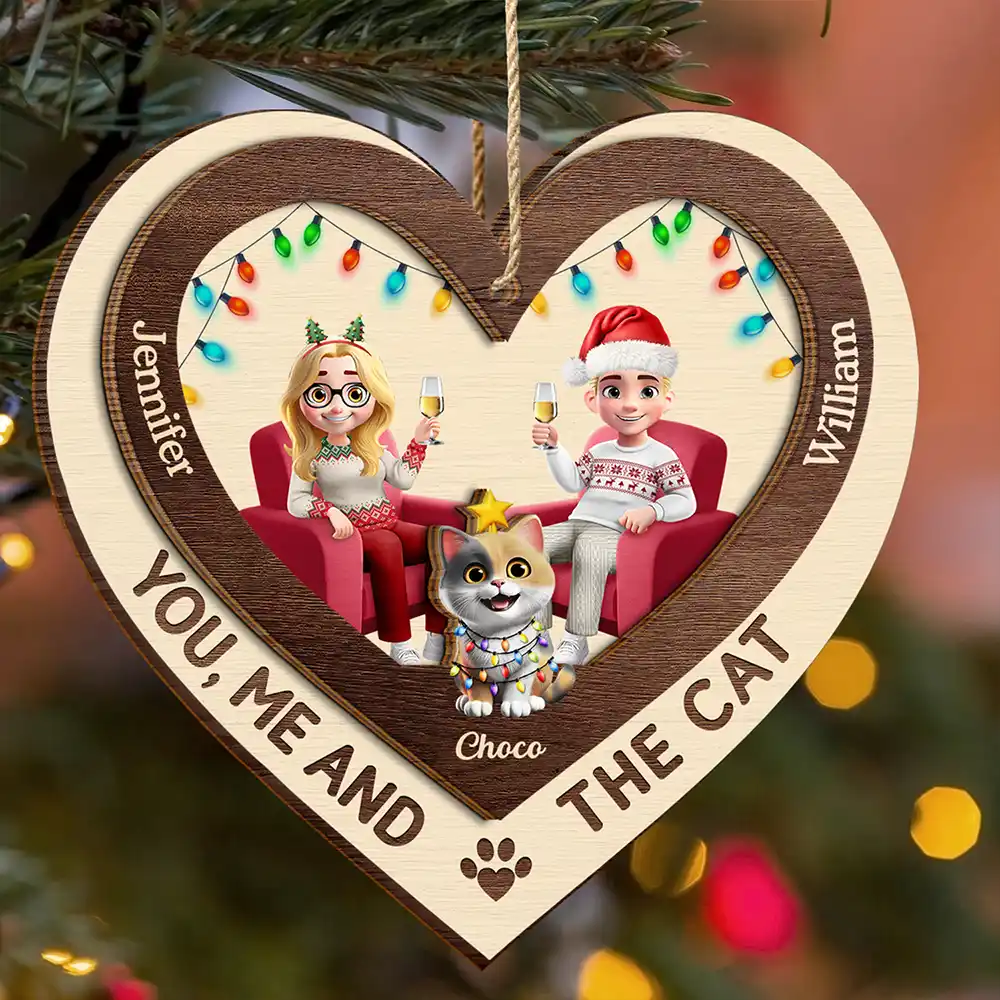 Heart You Me And The Cat - Personalized 2-Layered Wooden Ornament Gift For Cat Lover Couple