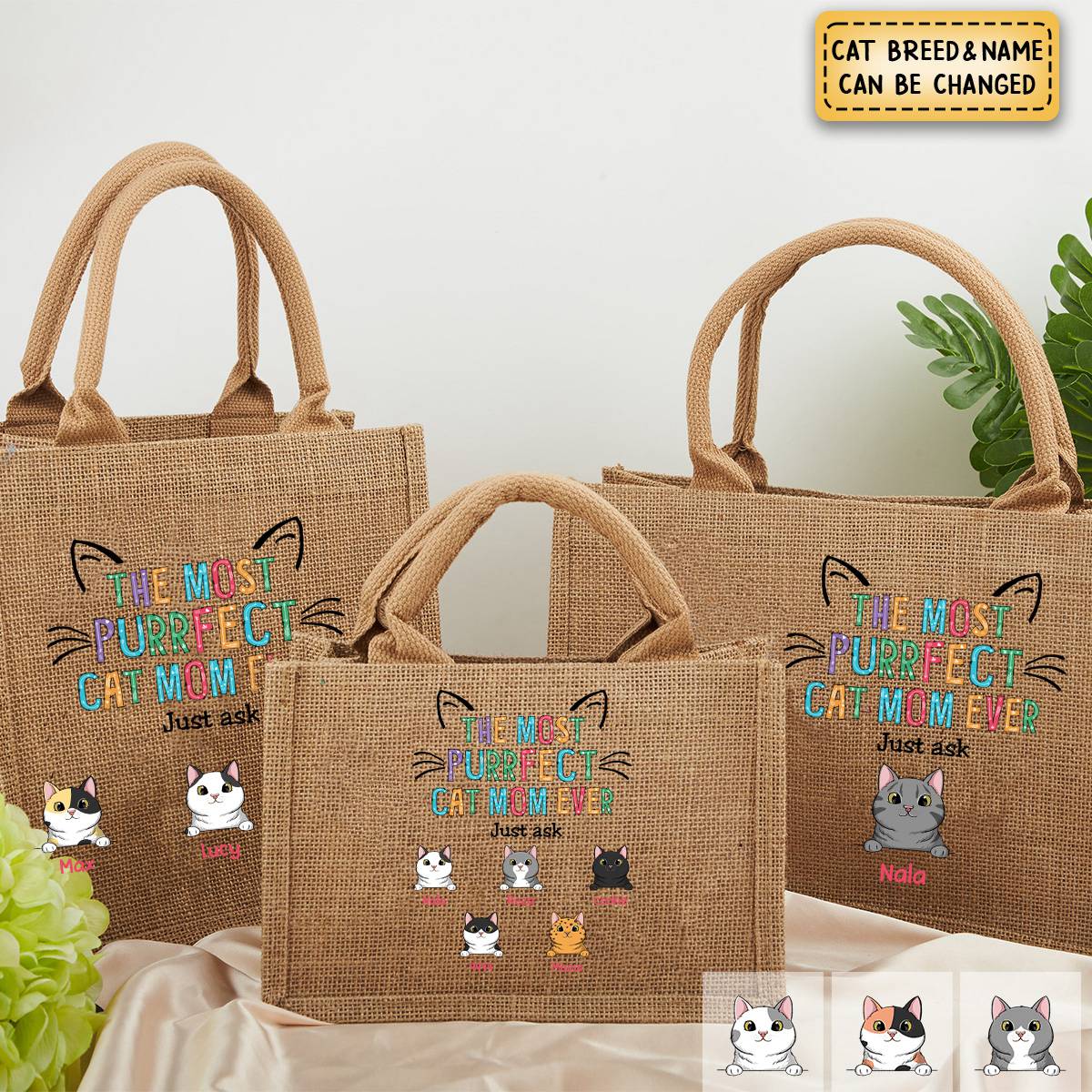 Personalized Cat Mom Jute Tote Bag