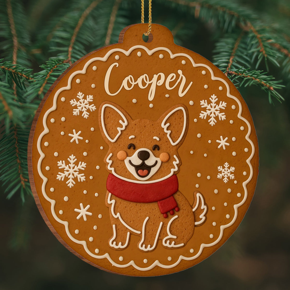 Cheerful Dog With Festive Scarf And Snowflakes, Personalized Wood Ornament, Gift For Dog Lovers