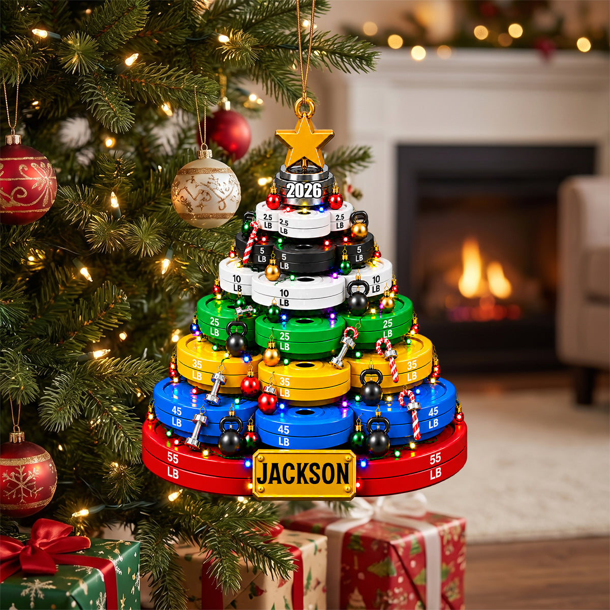 Weight Plate Christmas Tree Acrylic Ornament – Personalized Gym Name Keepsake | Fitness Lover Gift