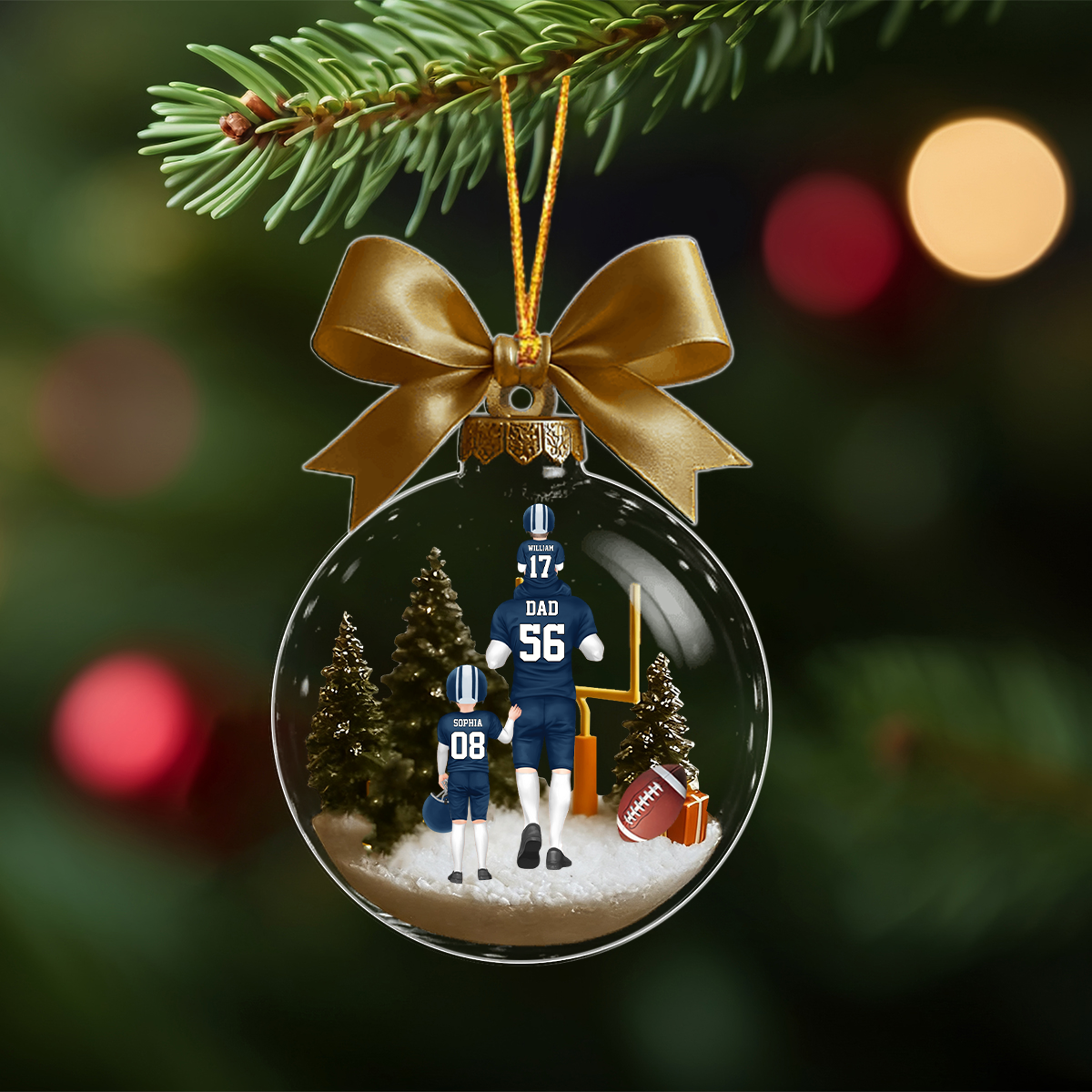 Personalized American football Dad & Kids Bow Acrylic Ornament