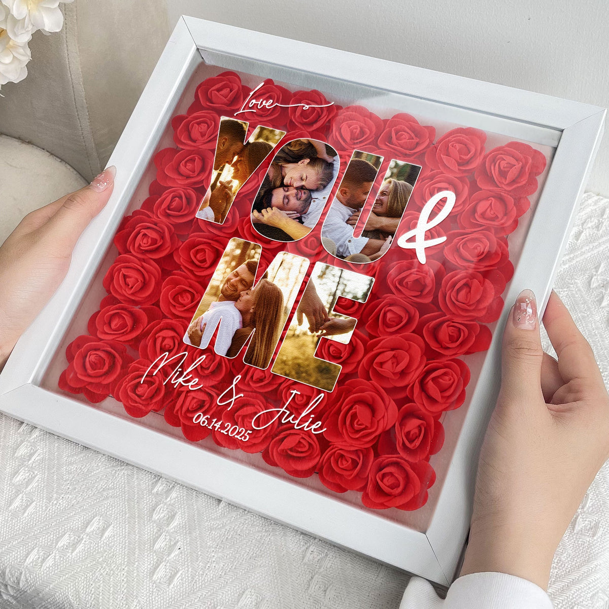 You & Me Custom Photo Collage - Personalized Photo Flower Shadow Box With LED Light