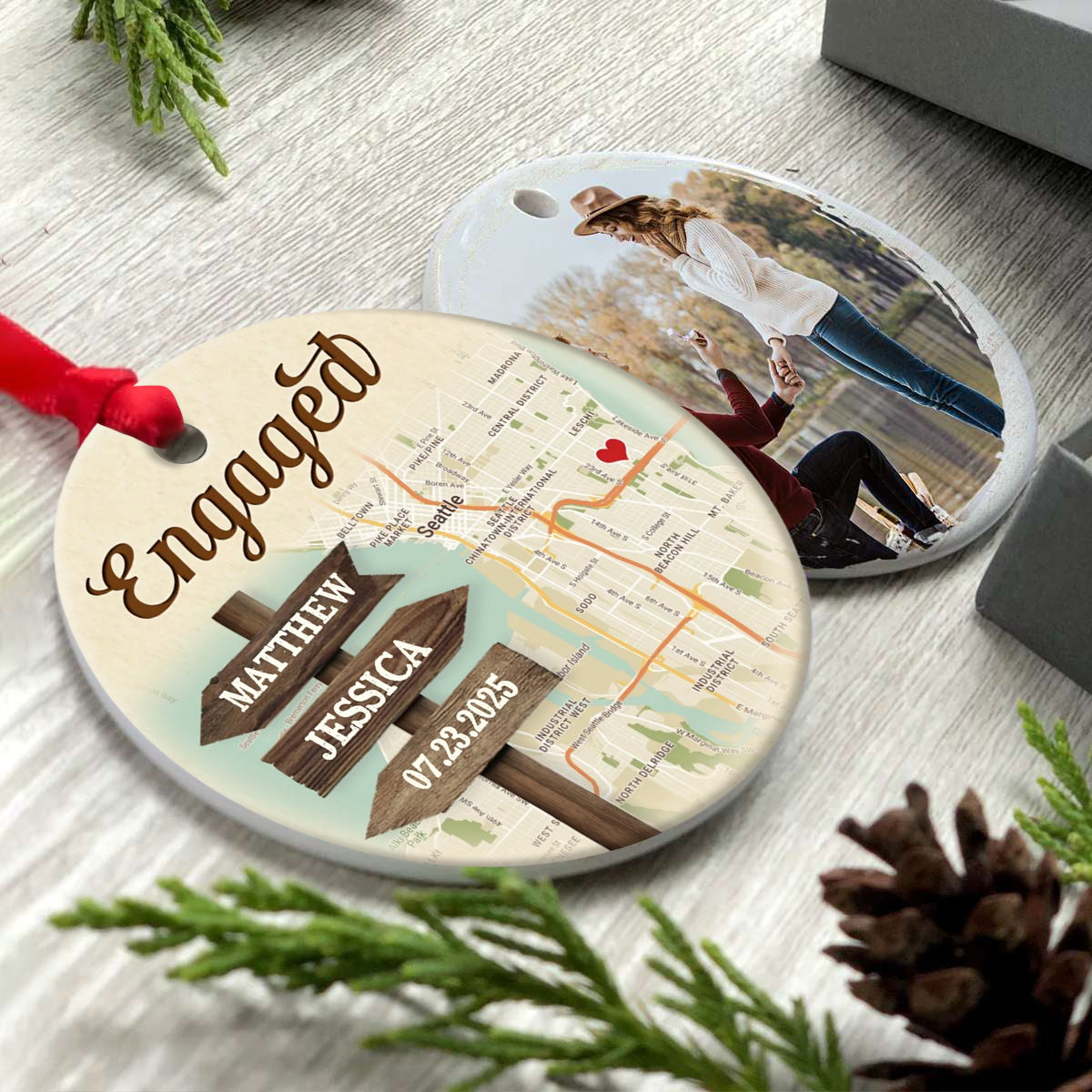 Personalized Signpost Location Map Engagement Ornament - Anniversary Gift For Couples