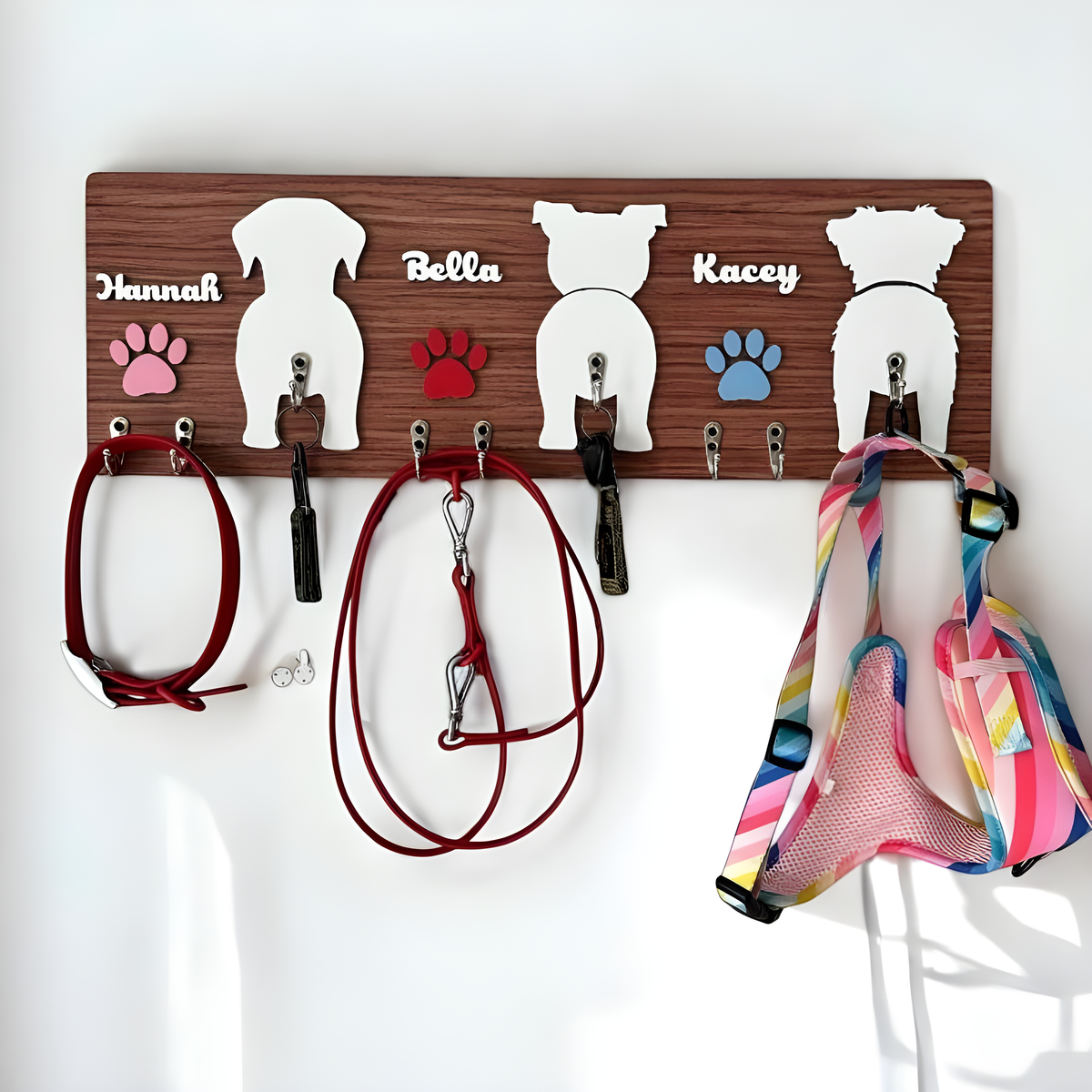 Personalized 2 Layers Wooden Dog Leash Key Hanger Gift For Dog Lover