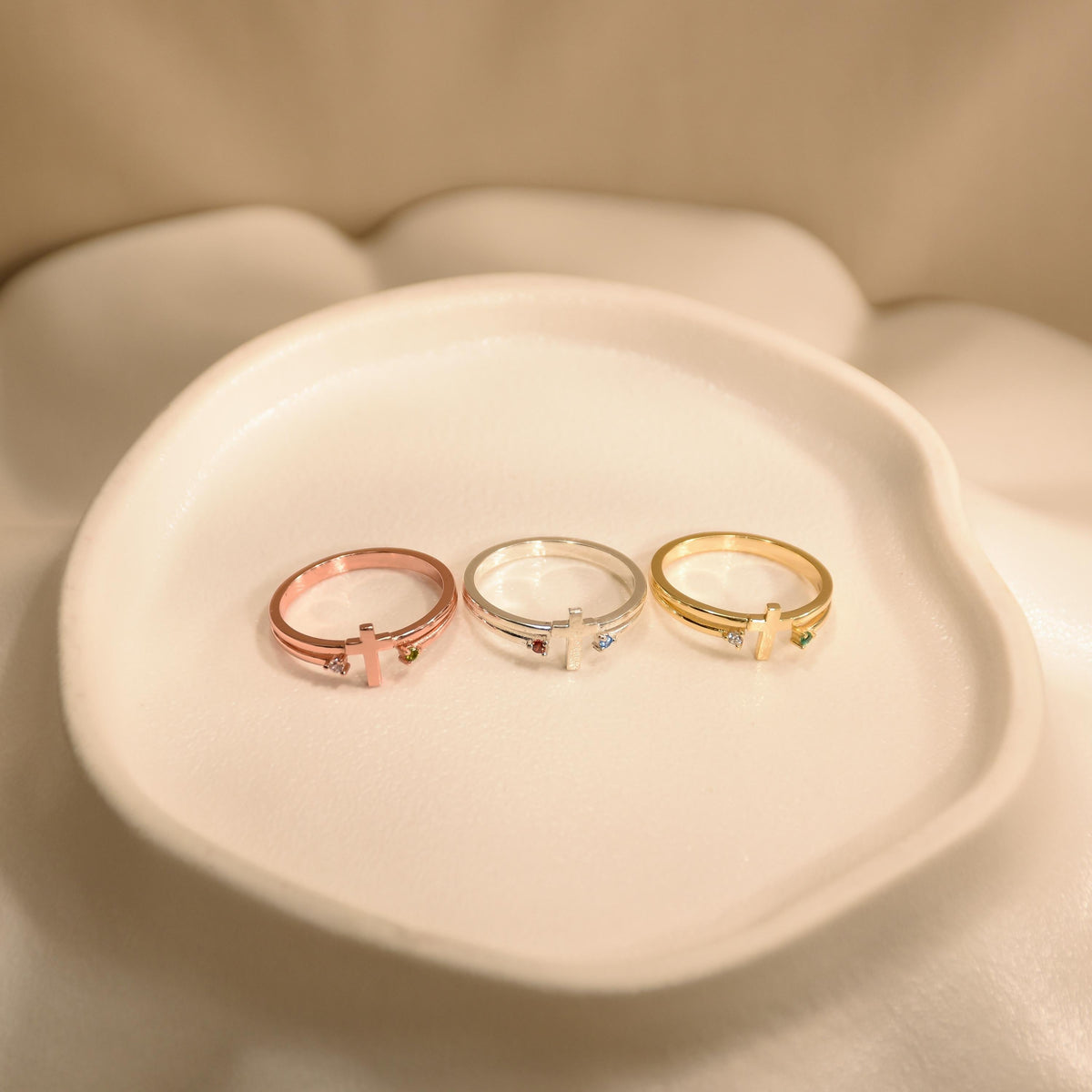 Personalized Cross Birthstone Ring for Women Mom Ring Best Friend Gift