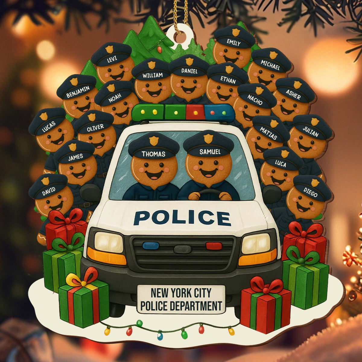 A Festive Police Car, Personalized Wood Ornament, Gift For Police Officers