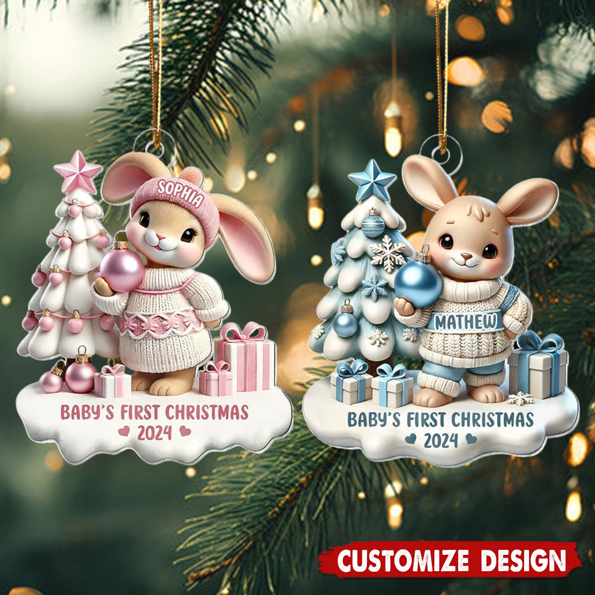 Cute Bunny Baby's First Christmas Personalized Acrylic Ornament Gift For Newborns