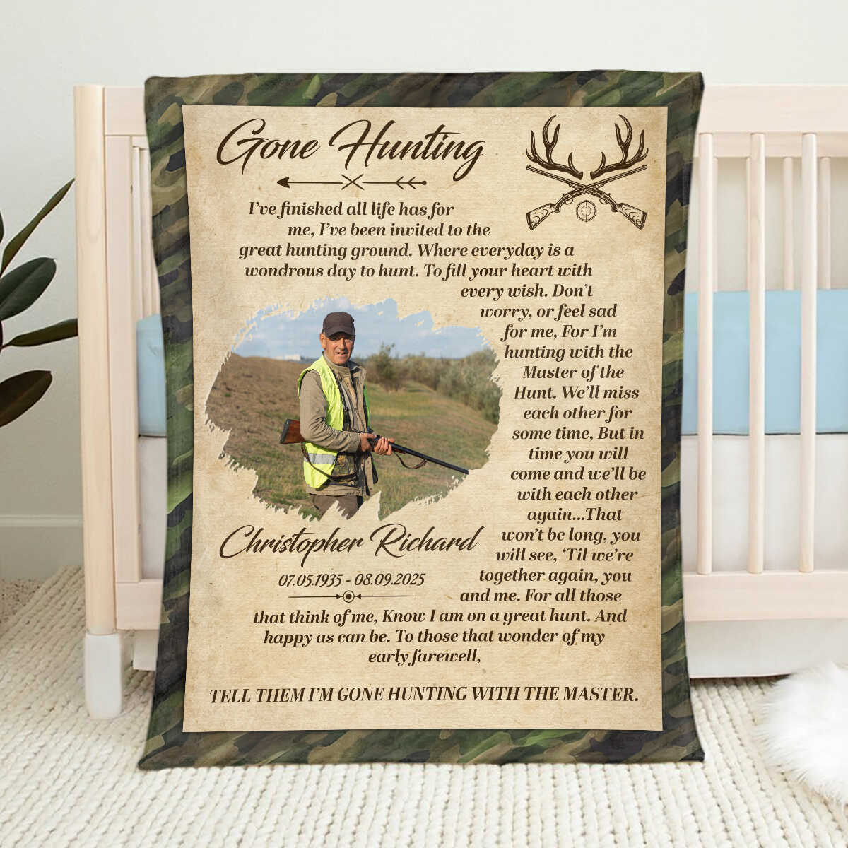 Personalized Gone Hunting Blanket,Custom Hunter Memorial, Sympathy Gift, Keepsake For Hunter