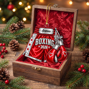 Personalized Boxing Gloves & Shorts Christmas Ornament 2026 – Custom Name Acrylic Keepsake | Gift For Boxers & Coaches