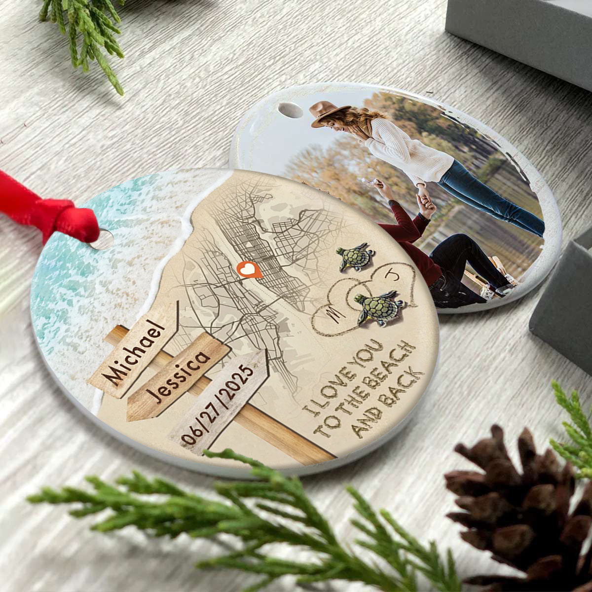 Personalized Couple Turtle City Map Ceramic Ornament - Custom Map & Photo Gift