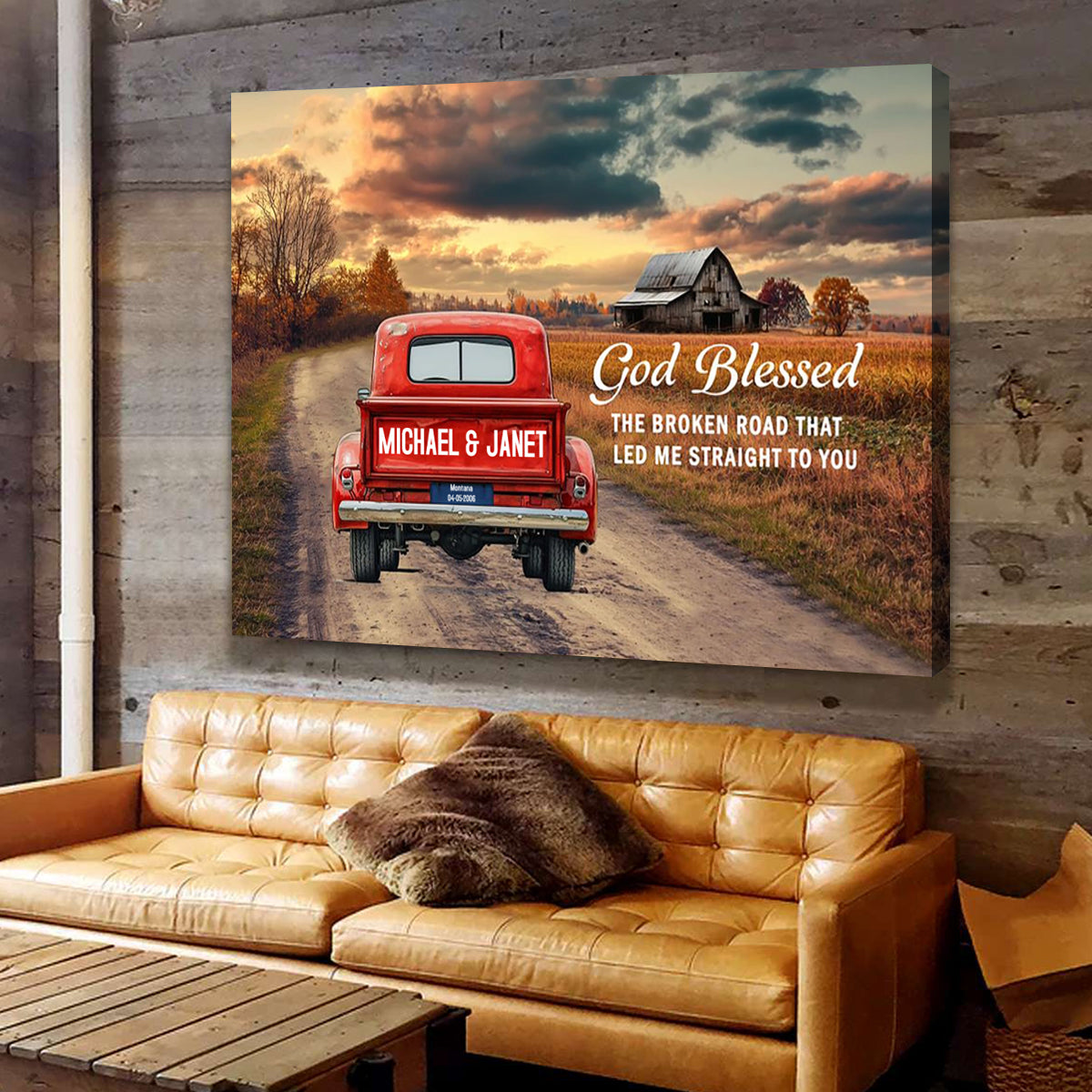 Personalized Rustic Couple Gift God Blessed The Broken Road Truck Canvas Poster