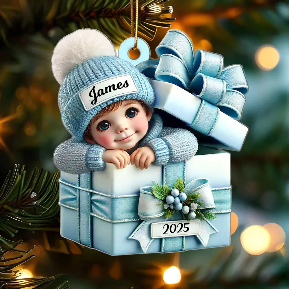Kid Boy Girl Inside Gift Box Personalized Acrylic 2D Flat Ornament