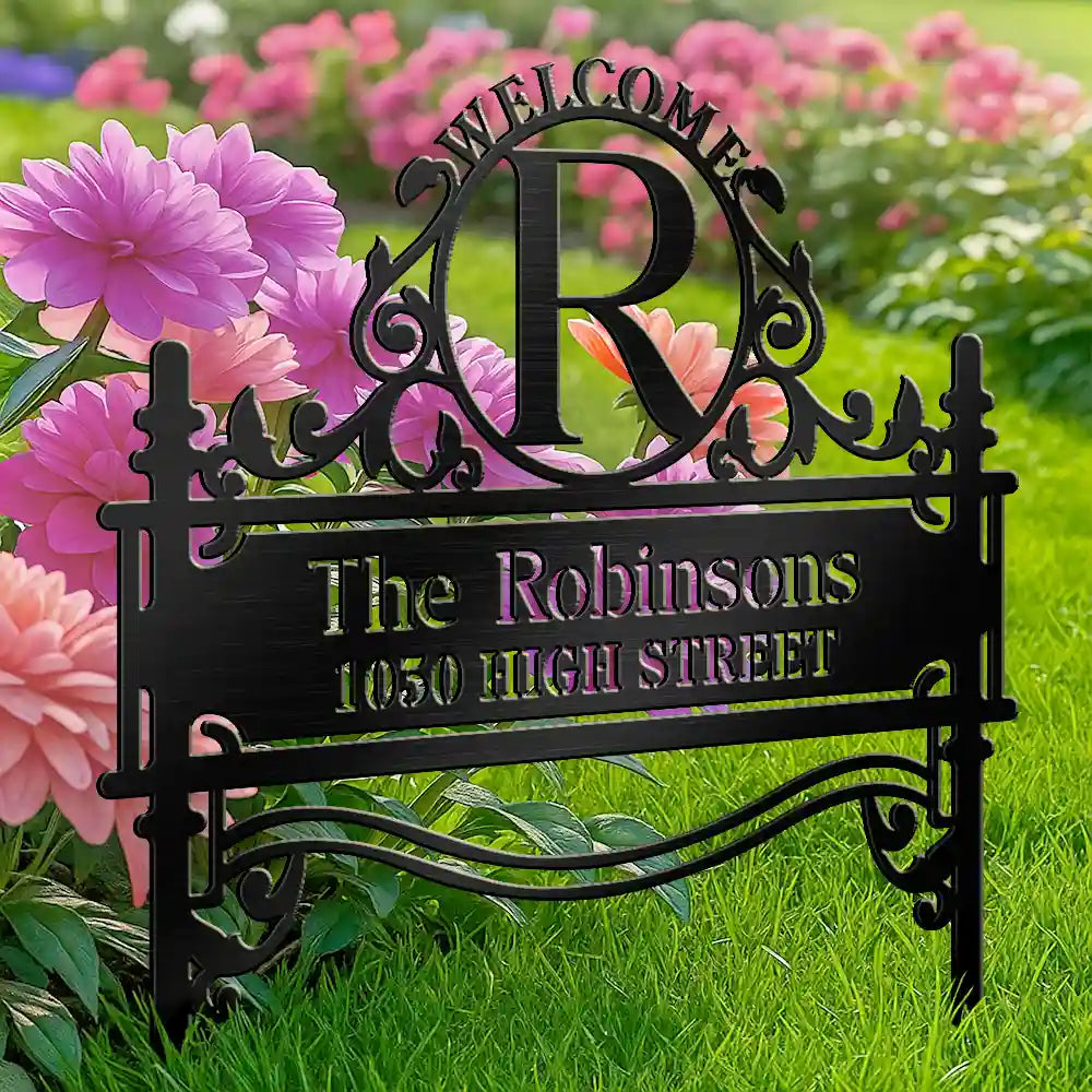 Welcome Family Name Monogram - Personalized Metal Garden Stake For Outdoor & Yard