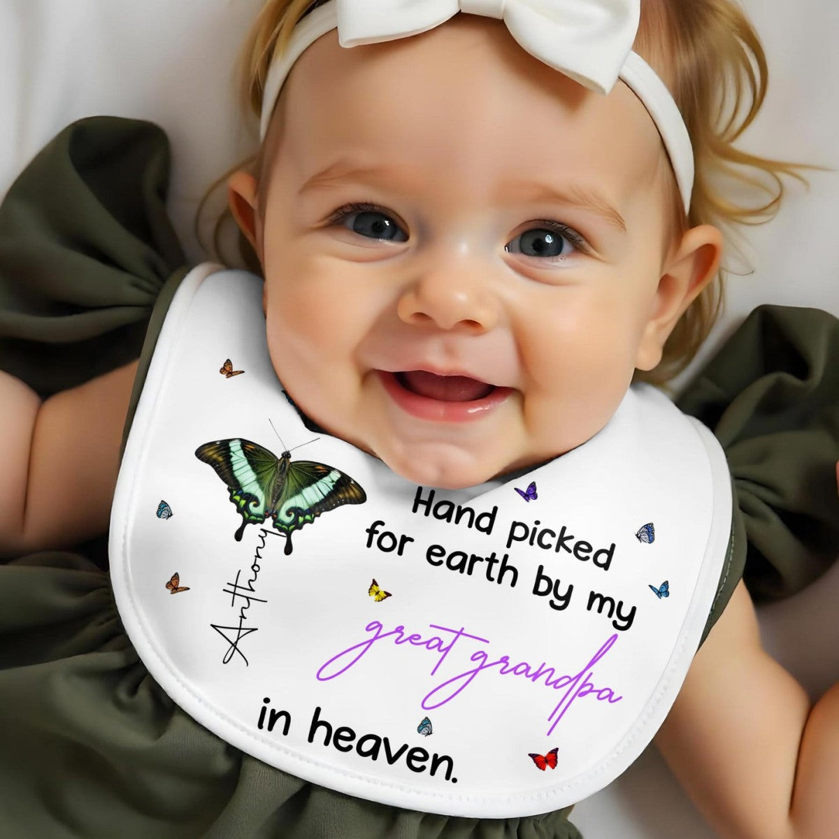 Hand Picked for Earth By My Great Grandpa in Heaven-Personalized Baby Bib Memorial Gift for Family