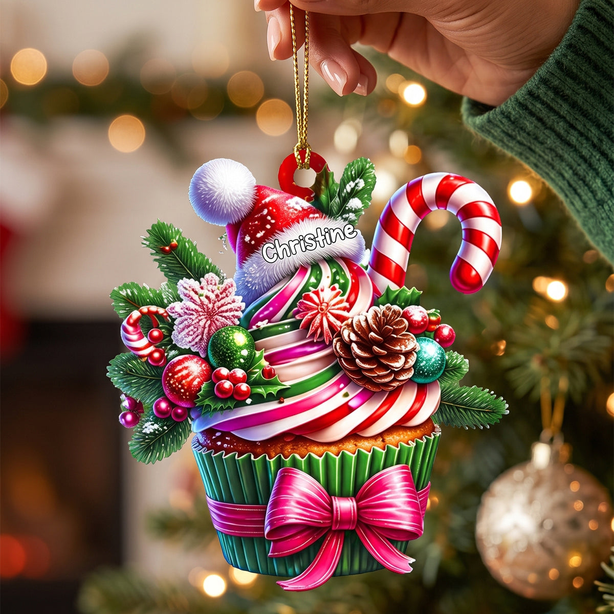 Personalized Santa Hat Cupcake Acrylic Ornament - Custom Holiday Tree Charm