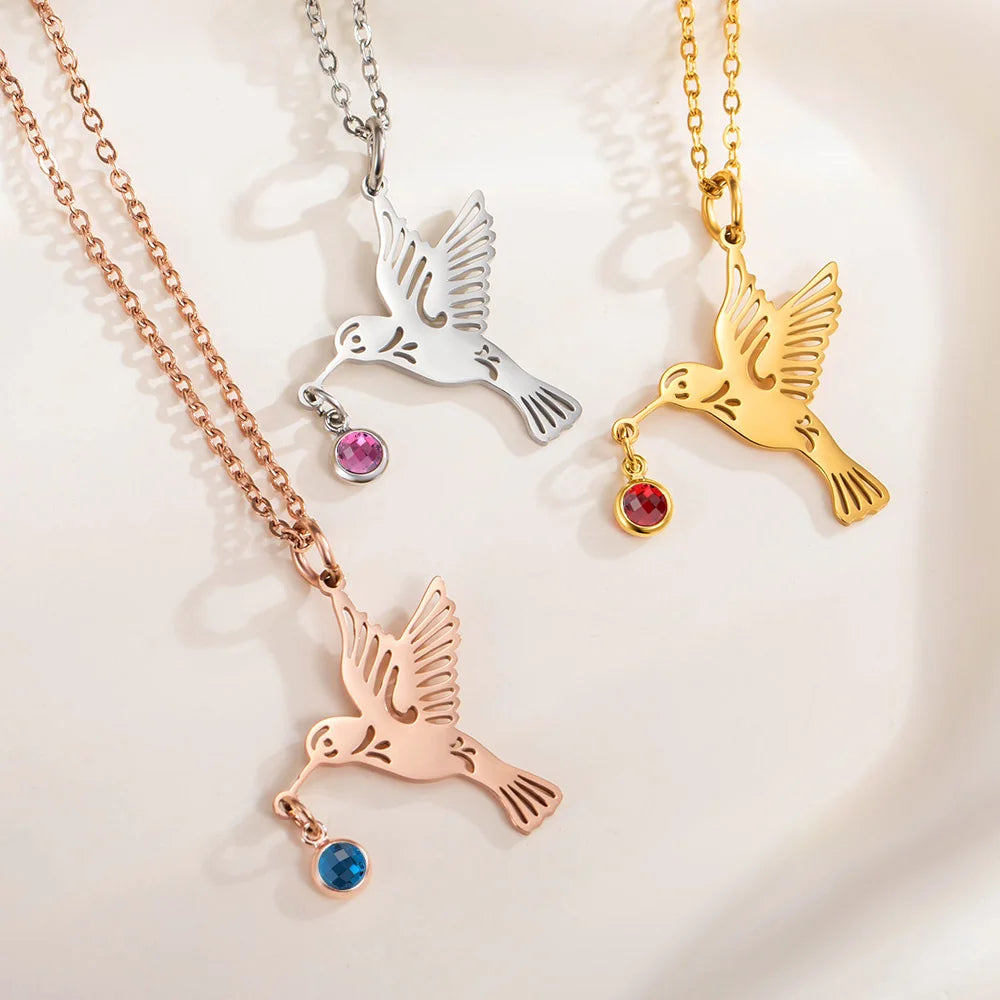 Personalized Dainty Hummingbird Necklace with Birthstone Bird Jewelry Mother's Day Gift for Women