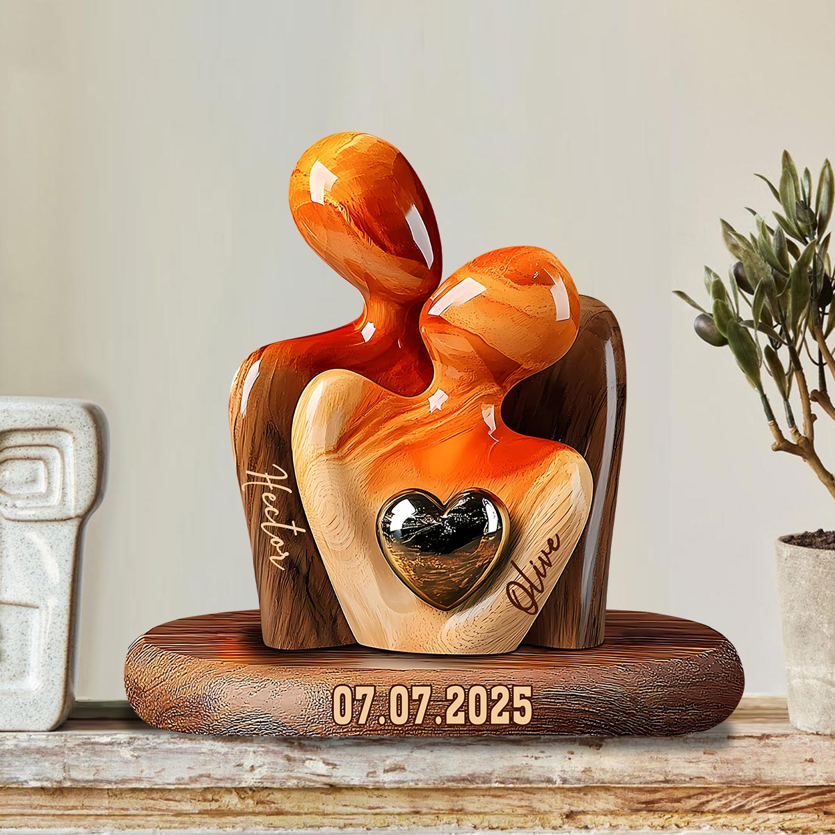 Personalized Elegant Couple Statue with Heart Inlay Custom Shaped Acrylic Plaque