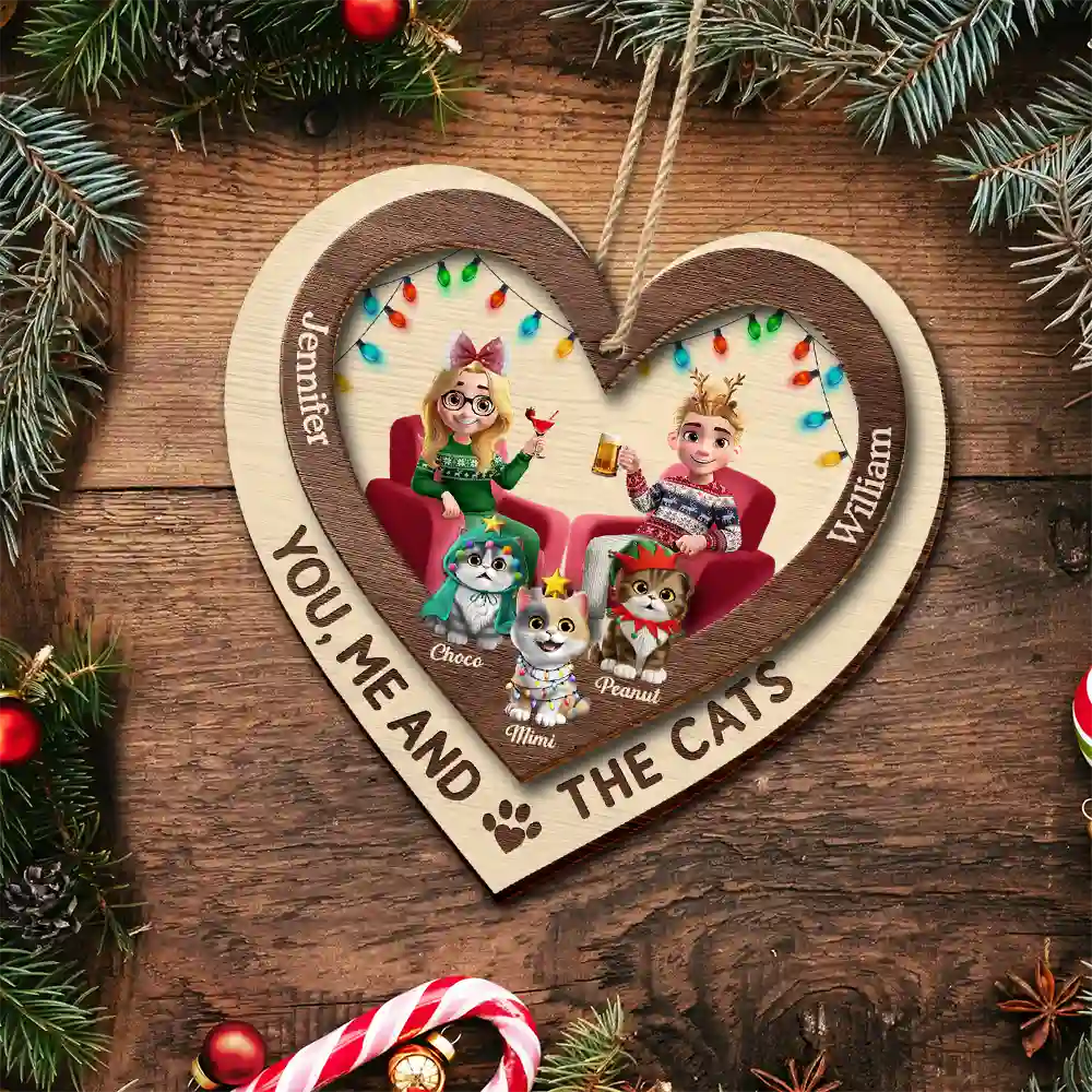 Heart You Me And The Cat - Personalized 2-Layered Wooden Ornament Gift For Cat Lover Couple