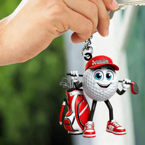 Hold Golf Club Across Shoulders Personalized Golf Ball Mascot Keychain Gift for Male & Female Golfer