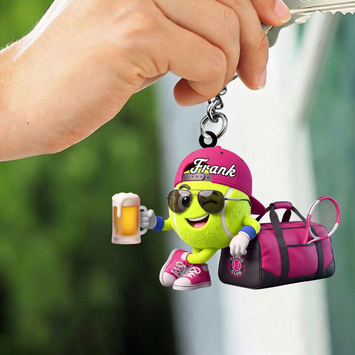 Cheers With Beer Tennis Keychain Personalized Cool Tennis Ball Mascot Keychain