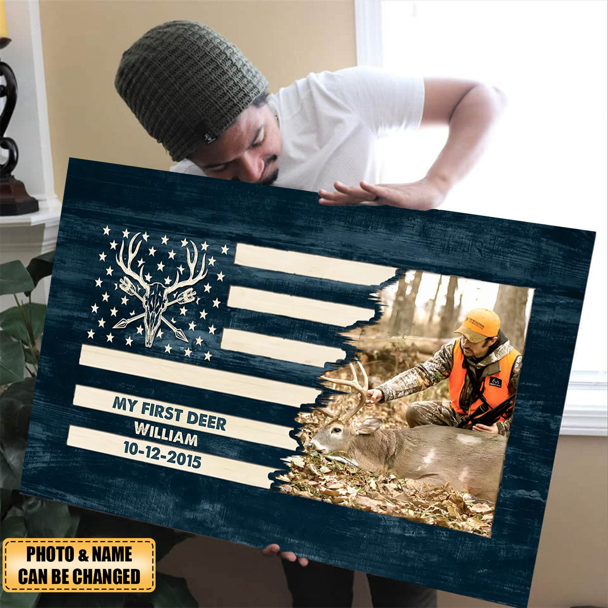 Deer Sign Hunting Photo Flag Sign Personalized Canvas Gift for Hunter