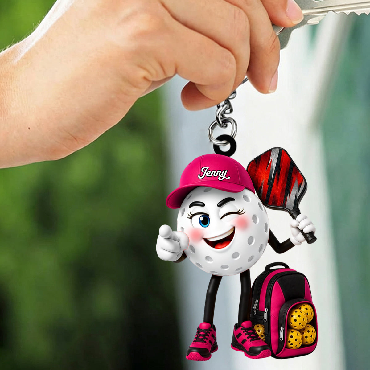 Pointing Pickleball Mascot With Sports Bag Keychain - Personalized Gift for Male & Female Player