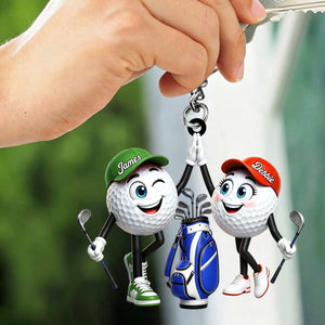 Cute High‑five Golf Couple Personalized Golf Ball Mascot Keychain