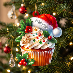 Personalized Santa Hat Cupcake Acrylic Ornament - Custom Holiday Tree Charm