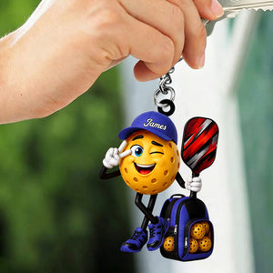 Winking Pickleball Mascot Peace Sign Keychain - Personalized Gift for Male & Female Player