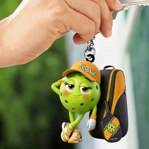 Cute Pickleball Girl Mascot With Sports Bag Keychain - Personalized Gift for Pickleball Lover