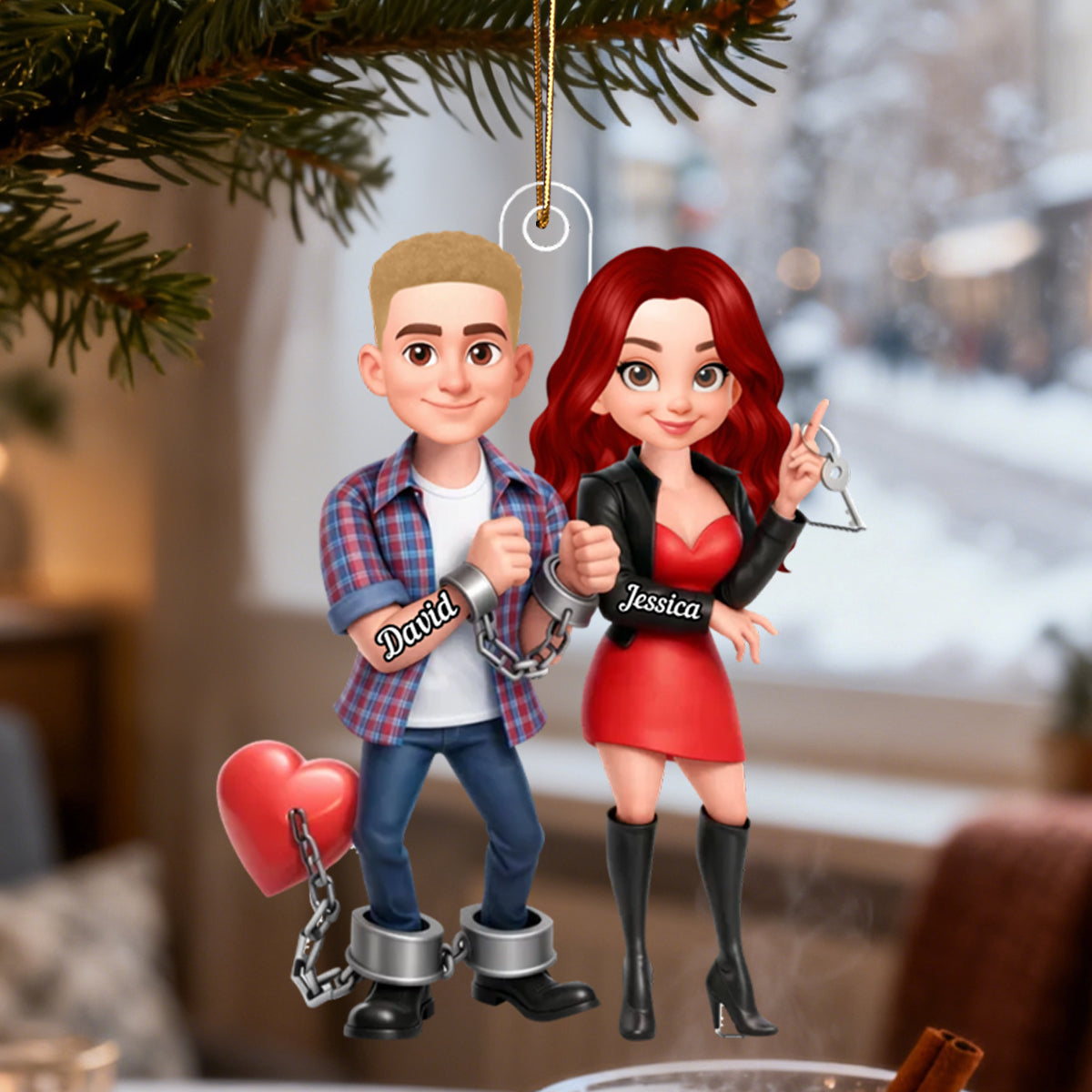 Unique Creative Gift For Couples – Personalized Funny Cartoon Couple Acrylic Ornament With Handcuffed Love Design