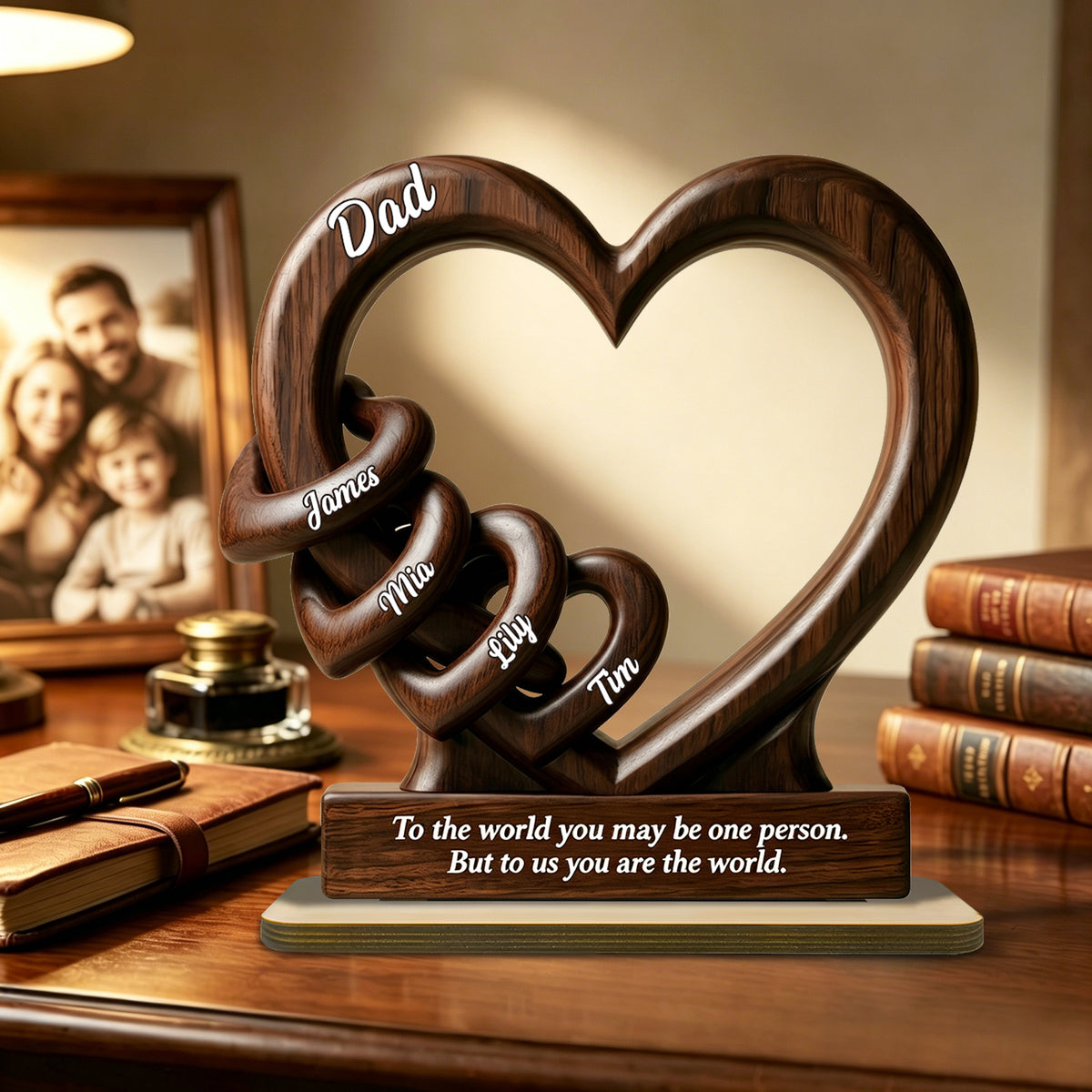 Father - To Us You Are The World - Personalized Heart Wooden Plaque
