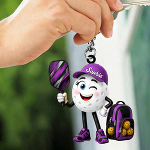 Cute Male & Female Pickleball Player Keychain- Personalized Pickleball Ball Mascot Keychain