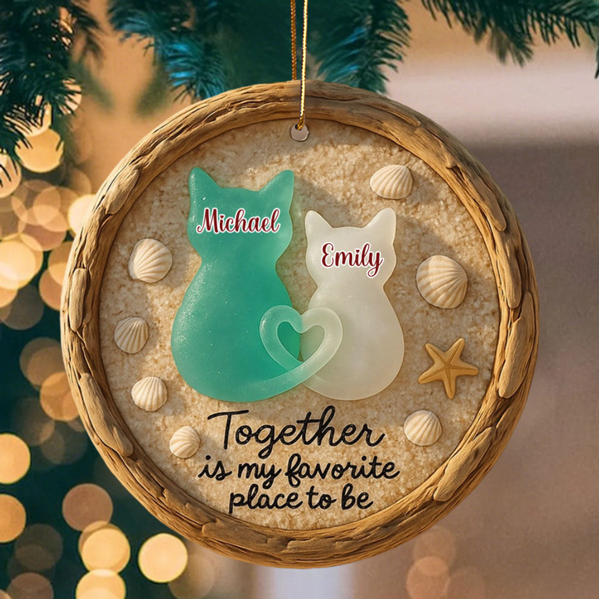 Together Is My Favorite Place to Be - Personalized Sea Glass Cat Couple Beach Ornament
