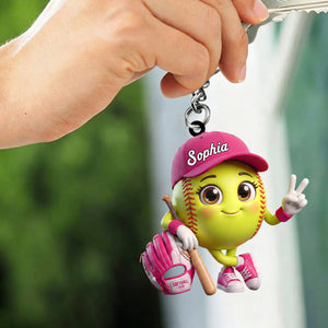 Cute Baseball Softball Player Mascot - Personalized Baseball Softball Ball Keychain