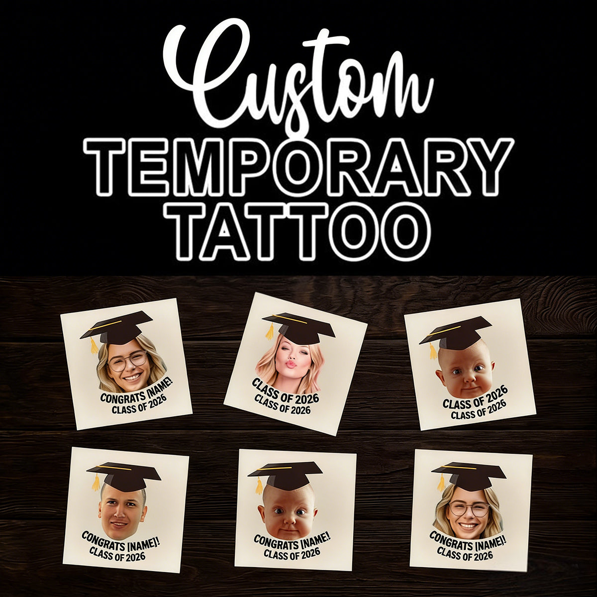 Congratulations Class Of 2026, Custom Temporary Tattoo With Personalized Photo, Text Name And Hashtag, Fake Tattoo, Graduation Gift