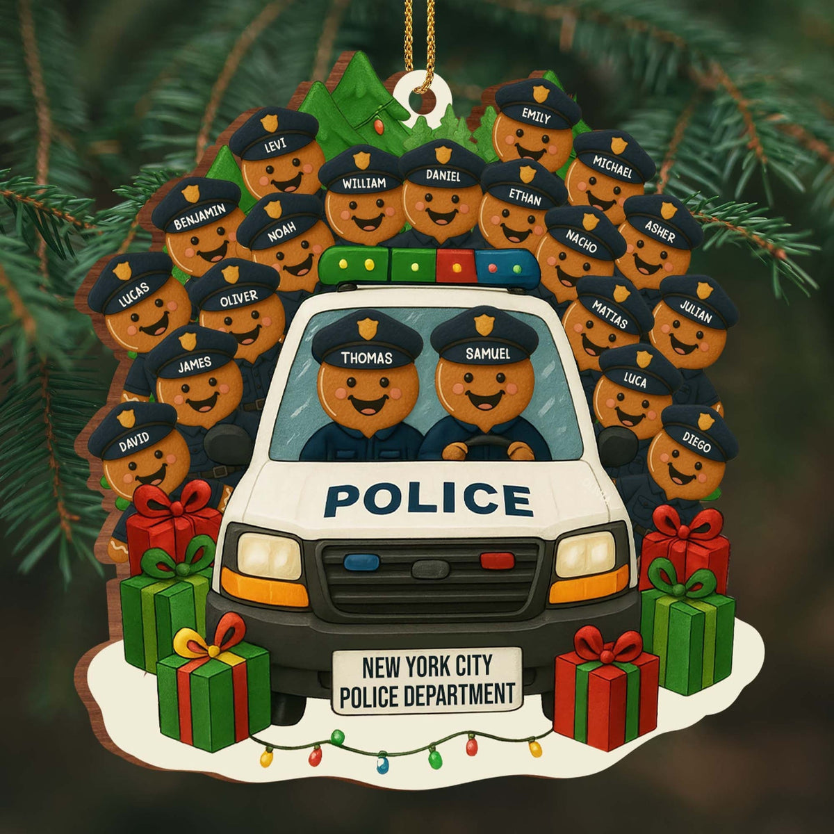 A Festive Police Car, Personalized Wood Ornament, Gift For Police Officers