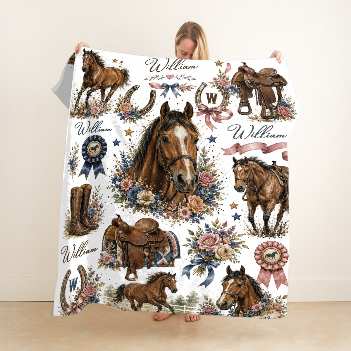 Personalized Horse Blanket, Custom Name Equestrian Blanket, Floral Horse Blanket for Girls Kids, Western Cowgirl Throw, Horse Lover Gift