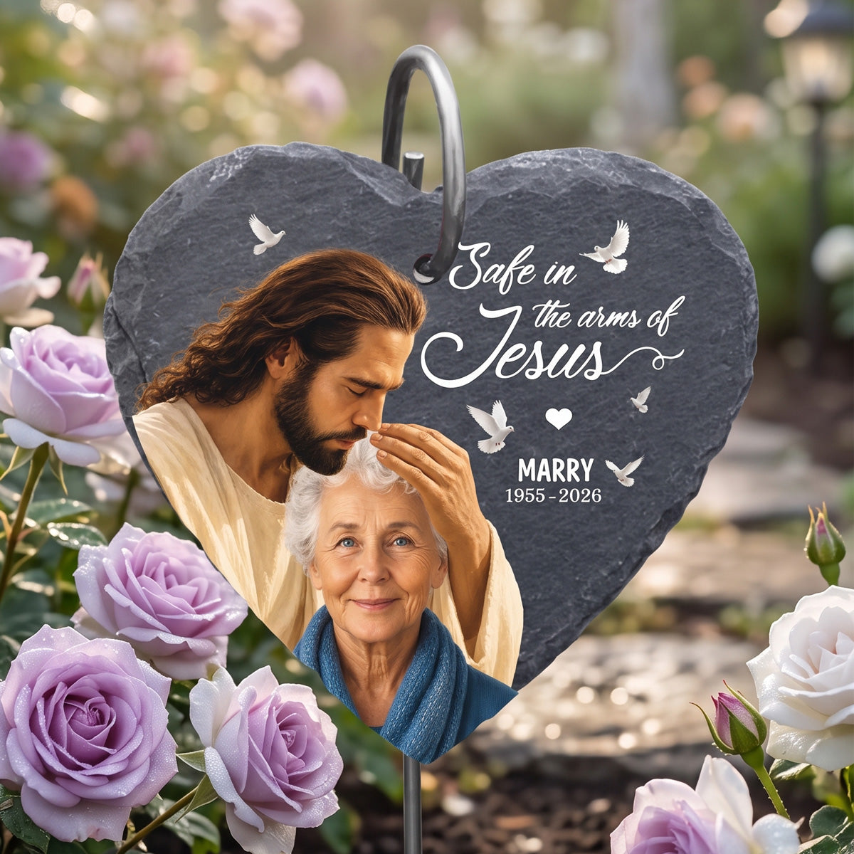 Safe In The Arms Of Jesus - Upload Image Personalized Memorial Garden Slate & Hook