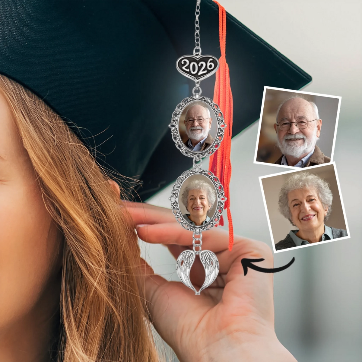 Custom Tassel Photo Charm with Angel Wings - Personalized Graduation Gifts For Him, Her - Chasing Dreams Graduation Day