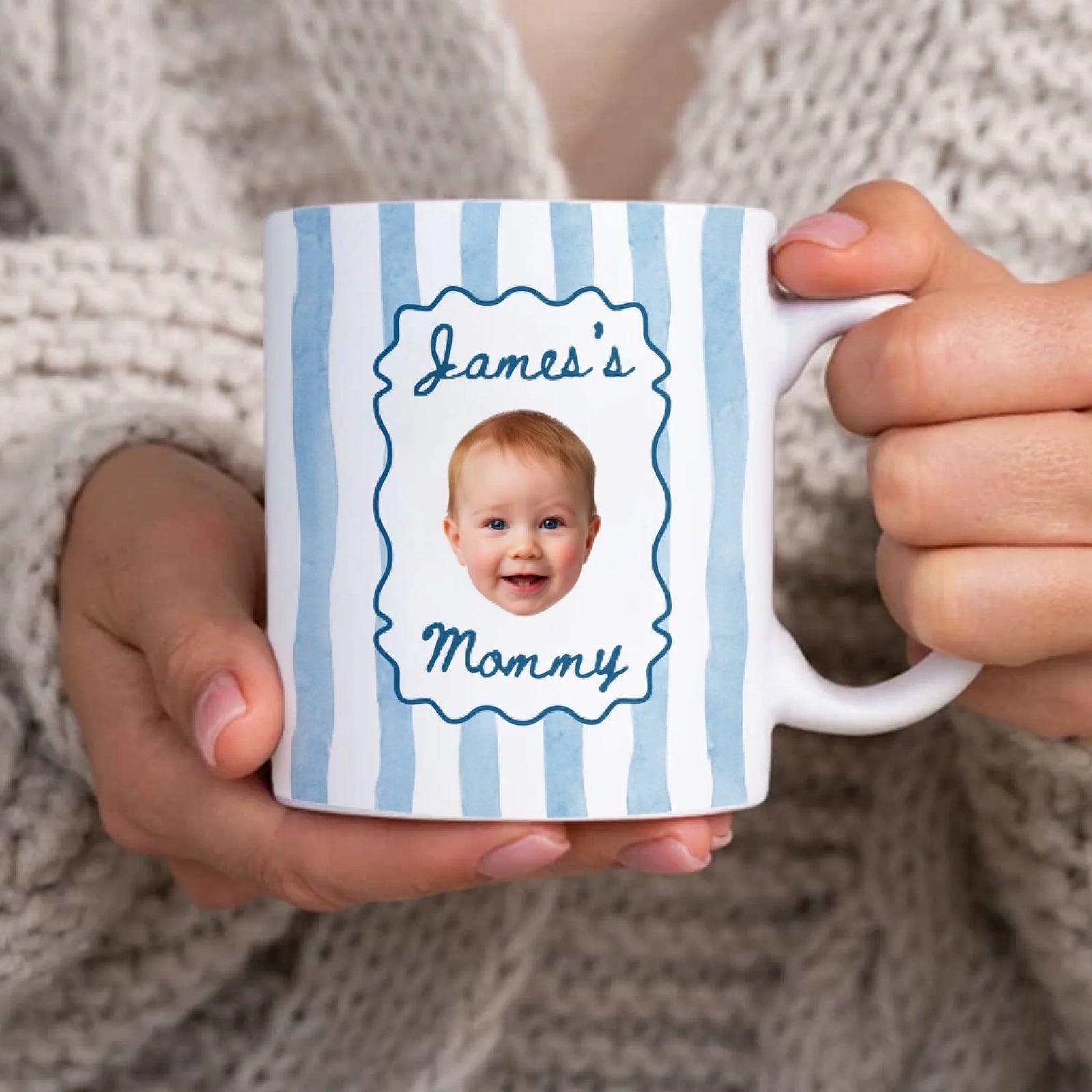 A Tiny Face, A Lifetime Of Love - Personalized Mug, Gift For Mom, Custom Photo Keepsake, Minimalist Pastel Color Stripe Design