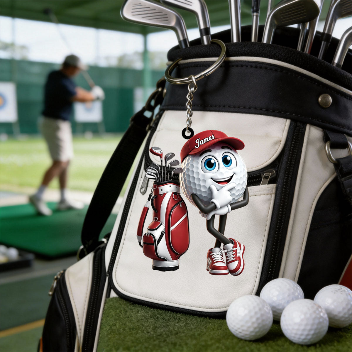 Thinking Pose Golf Buddy Keychain - Personalized Cute Golf Ball Mascot Keychain
