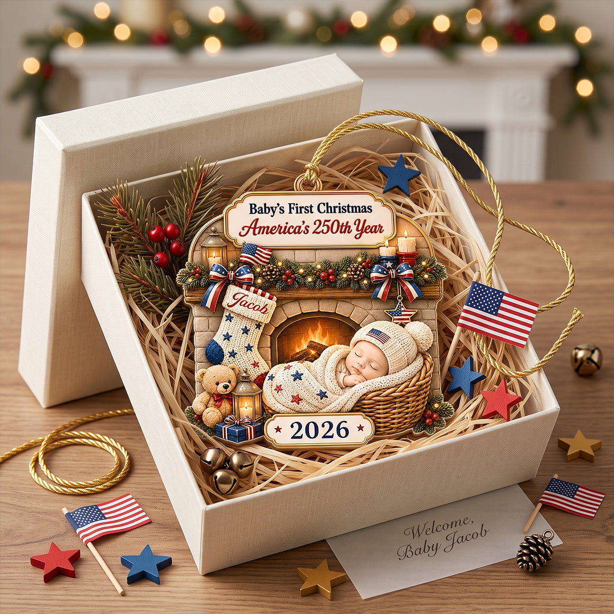 "Tiny Star, Big History" – Custom First Christmas Acrylic Ornament | Personalized America 250th Gift For New Parents
